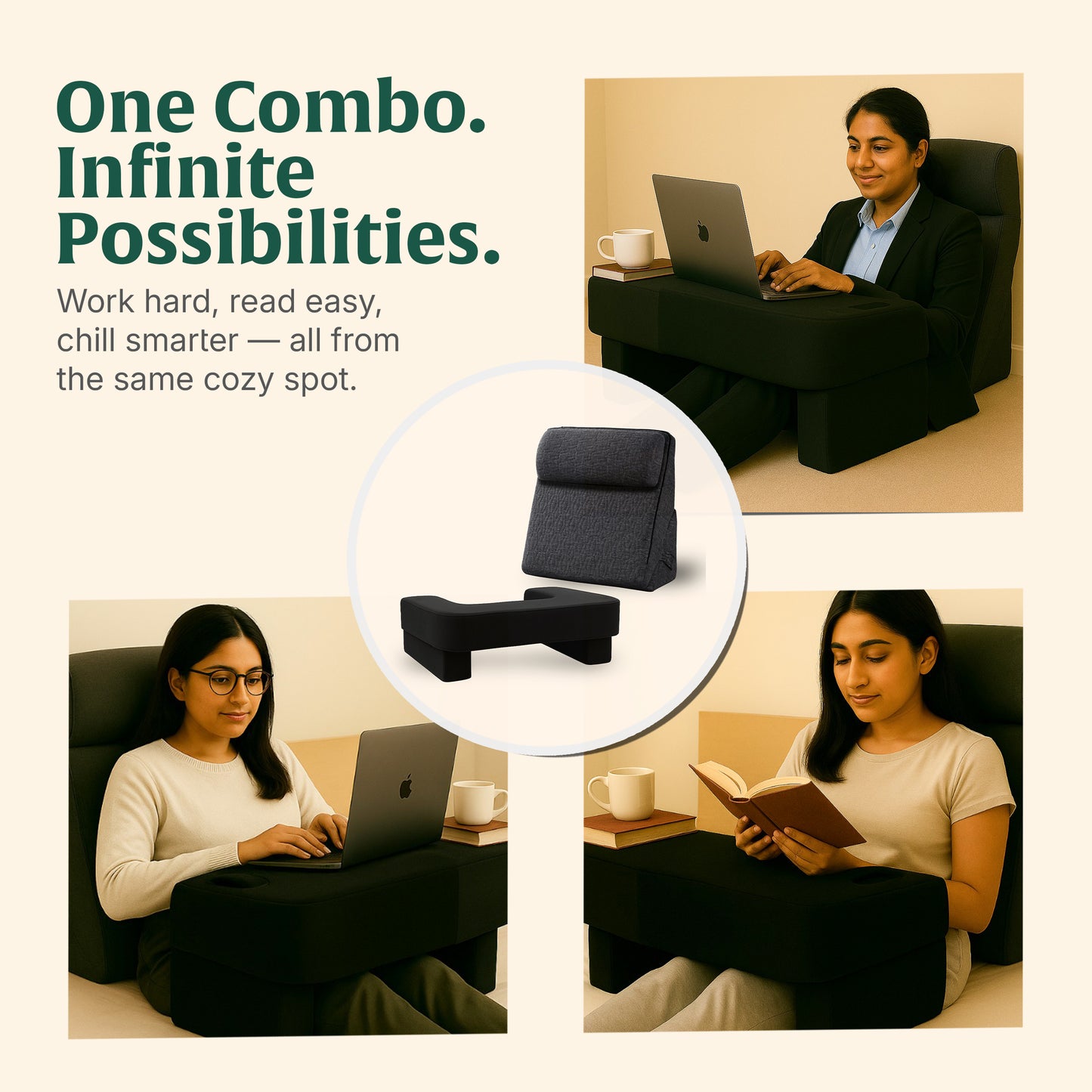 DualEase Comfort Set | ComfortPro Lapdesk Pillow & Adjustable Wedge Pillow with Headrest Combo