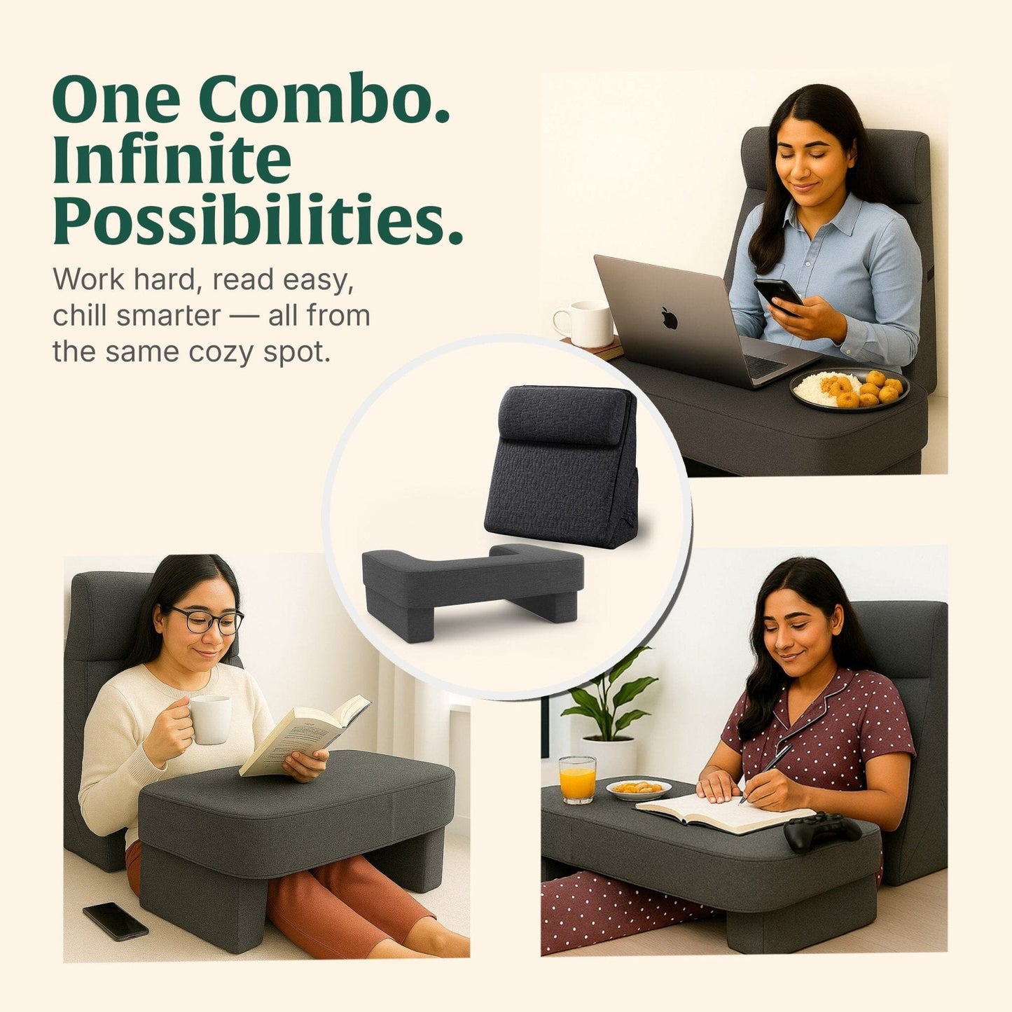 DualEase Comfort Set | ComfortPro Lapdesk Pillow & Adjustable Wedge Pillow with Headrest Combo The White Willow