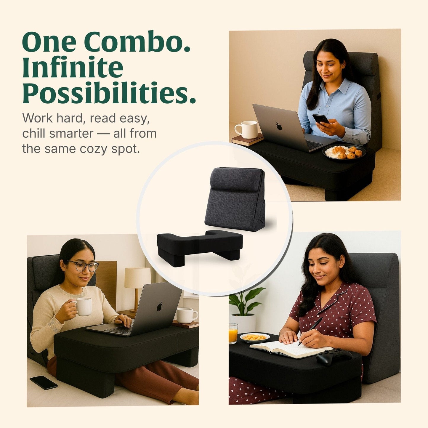 DualEase Comfort Set | ComfortPro Lapdesk Pillow & Adjustable Wedge Pillow with Headrest Combo The White Willow