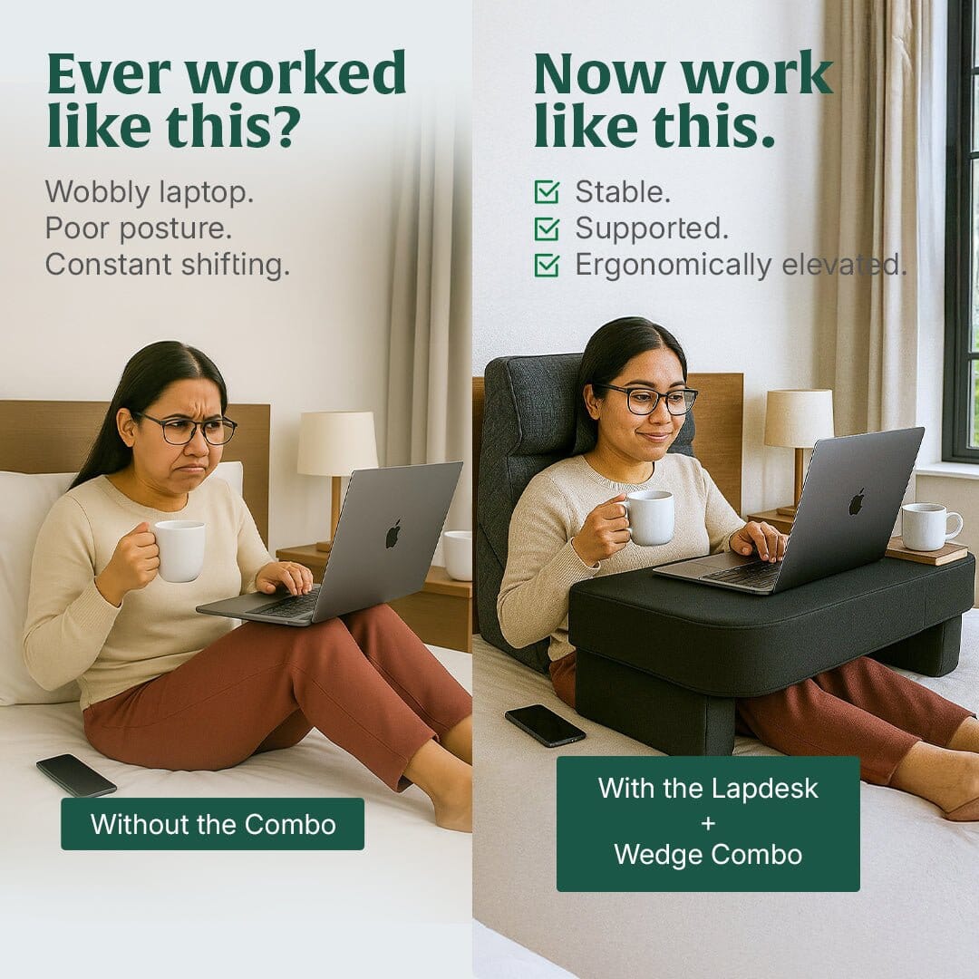 DualEase Comfort Set | ComfortPro Lapdesk Pillow & Adjustable Wedge Pillow with Headrest Combo The White Willow