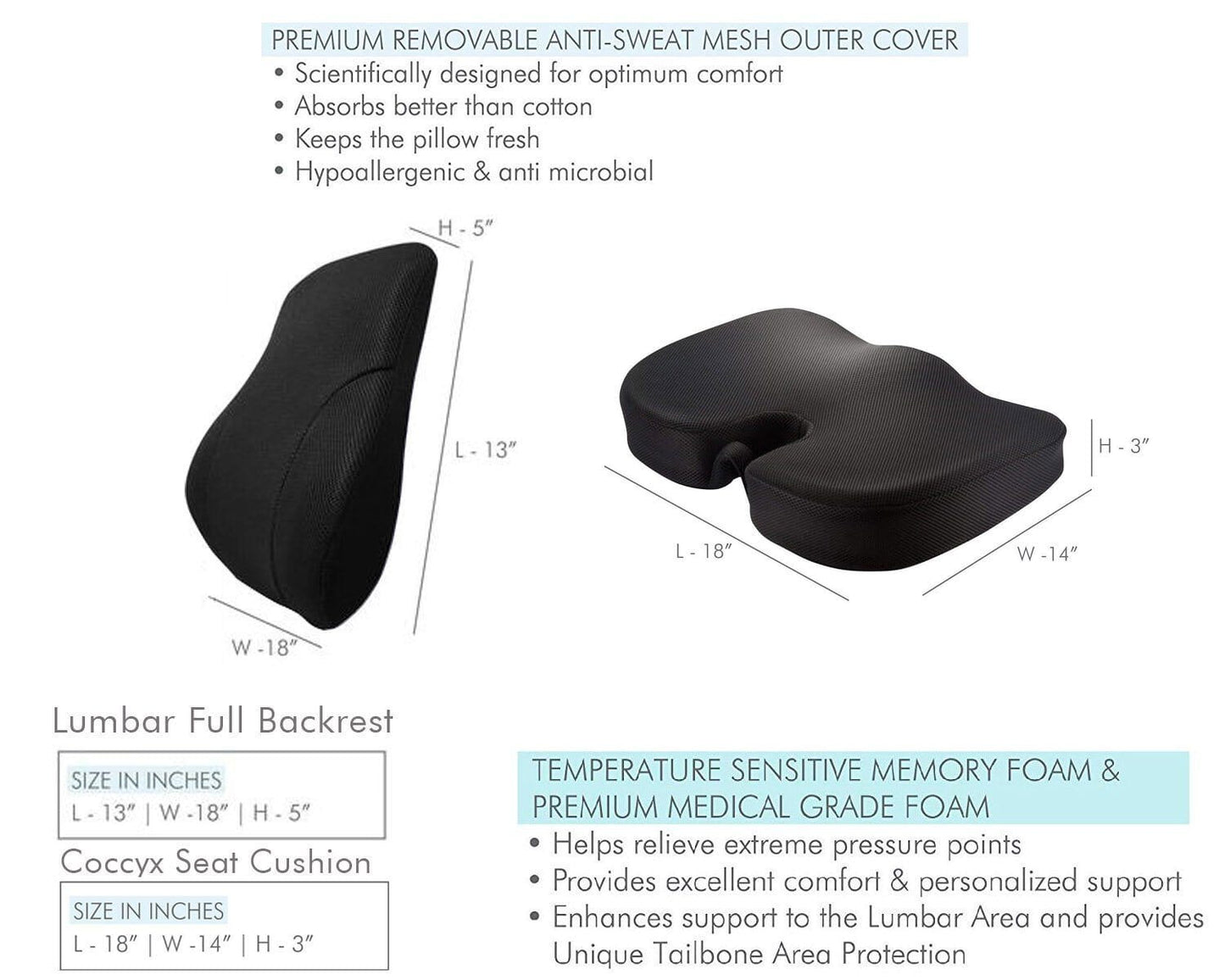 Maverick - Work From Home Combo - Memory Foam Lumbar Back Support & HR Foam Coccyx Tailbone Support Seat Cushion - Medium Firm Combo-Back-Seat The White Willow