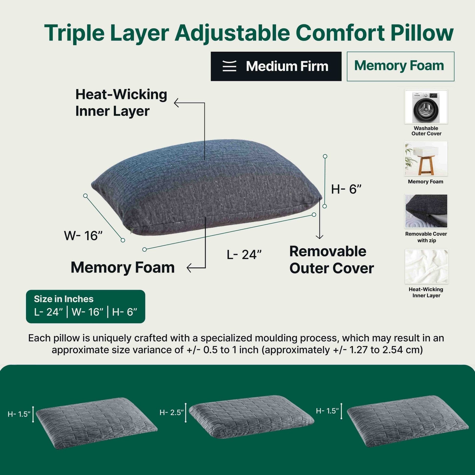 Triple Layer Adjustable Comfort Pillow Regular Pillow The White Willow