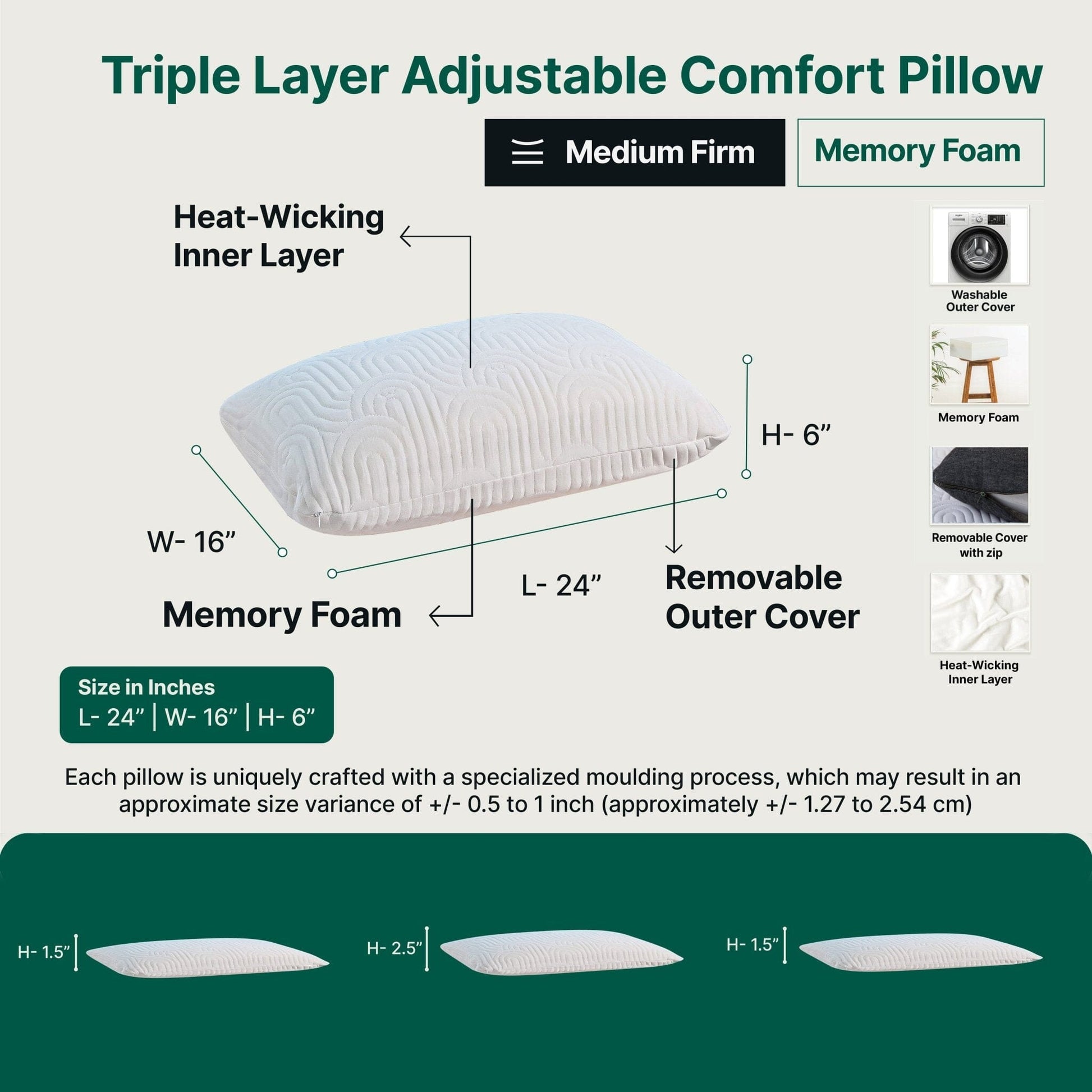 Triple Layer Adjustable Comfort Pillow Regular Pillow The White Willow