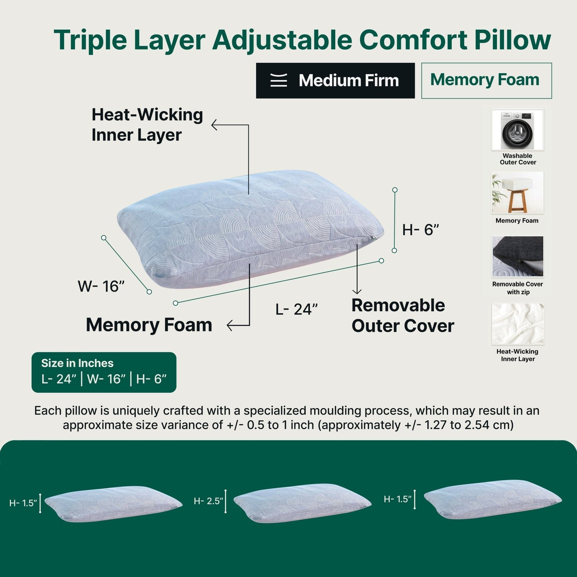 Triple Layer Adjustable Comfort Pillow Regular Pillow The White Willow
