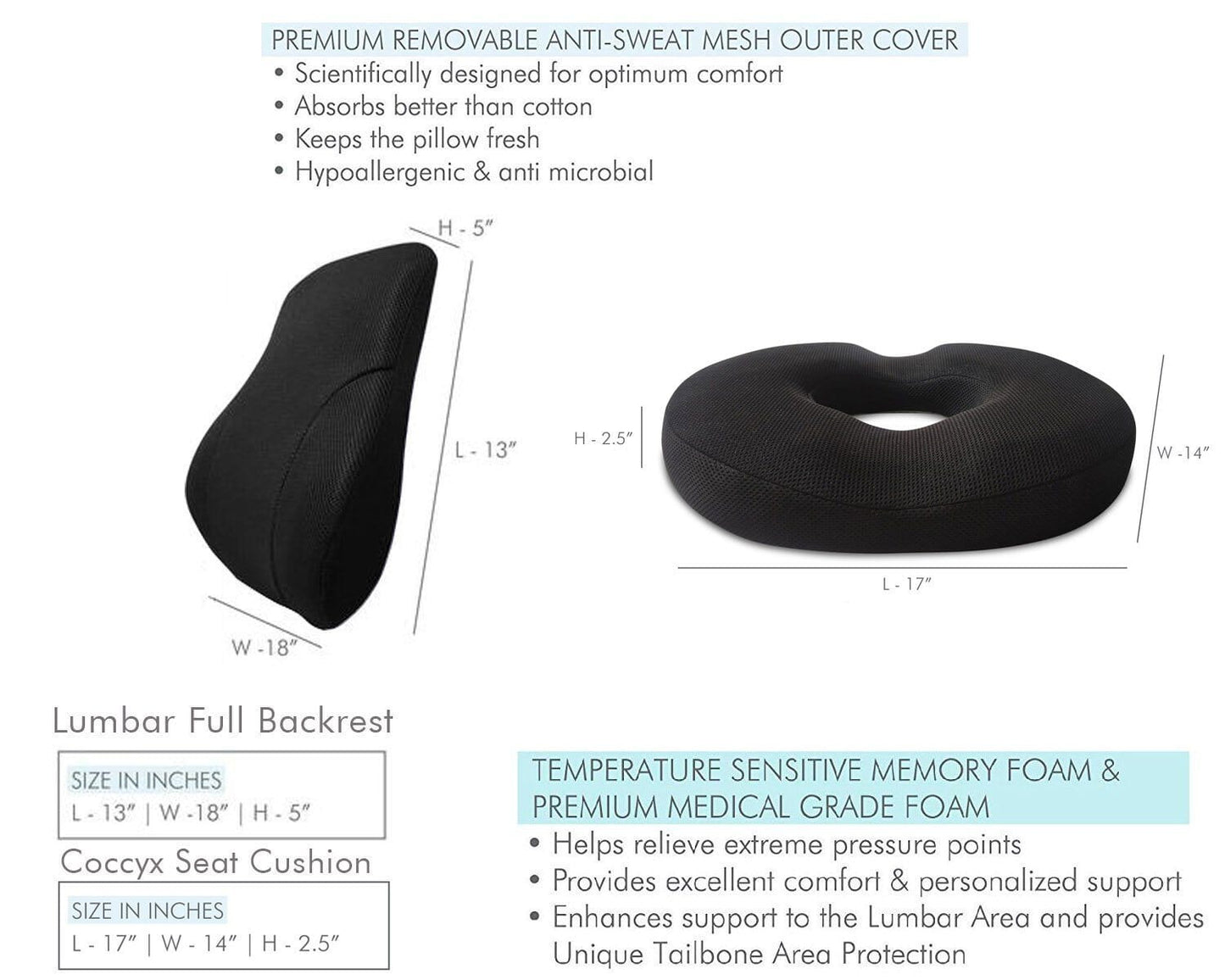 Wingman - Work From Home Combo - Memory Foam Lumbar Backrest Pillow & HR Foam Donut Shaped Seat Cushion - Medium Firm Combo-Back-Seat The White Willow