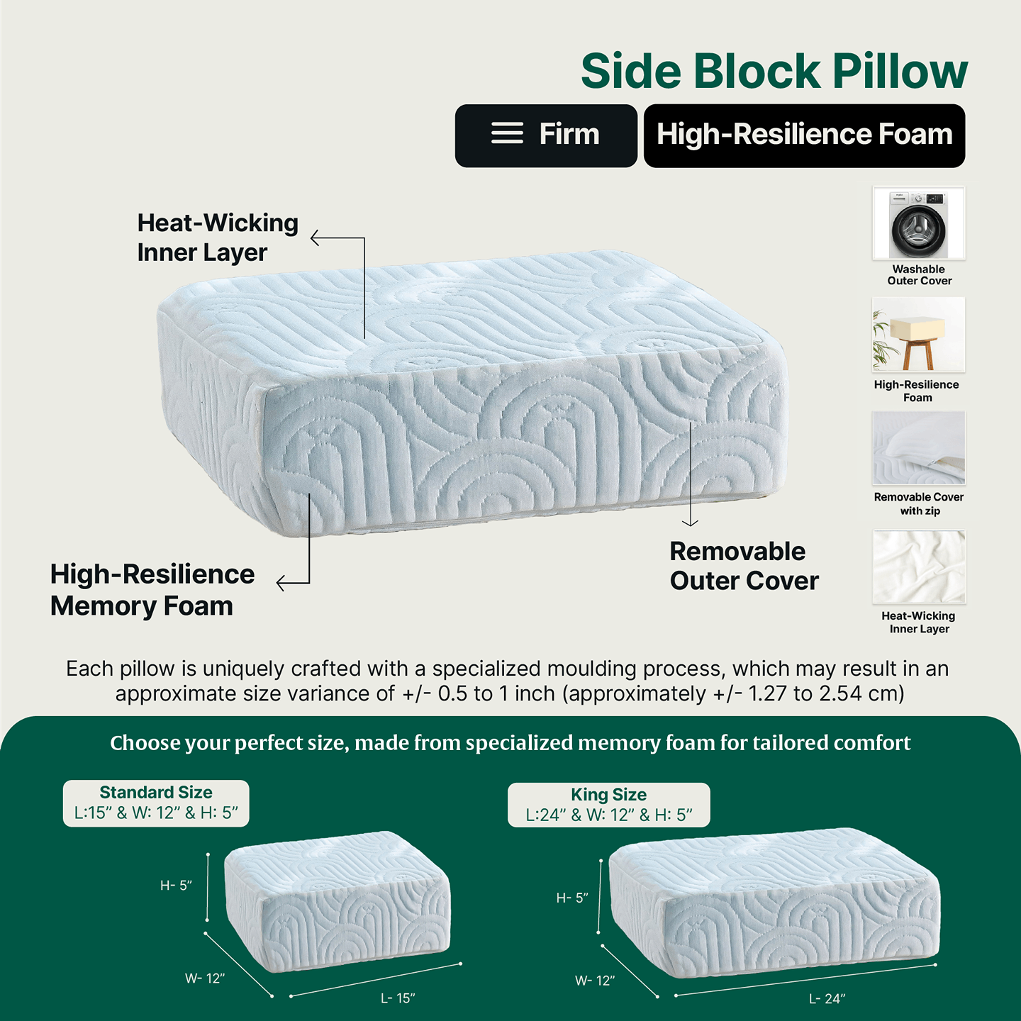 Side Sleeper Pro Pillows with high-resilience memory foam and removable cover.