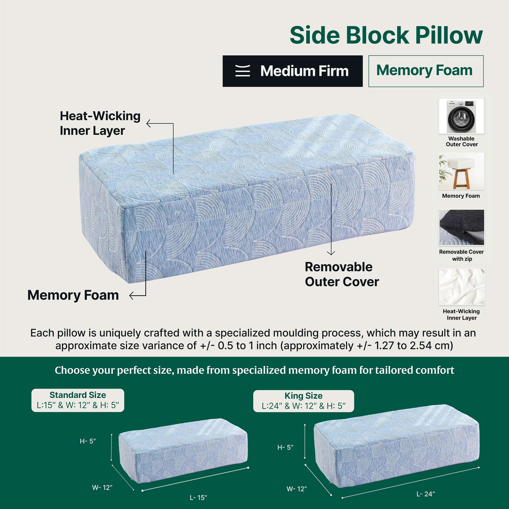 Memory foam side sleeper pro pillow with removable cover and heat-wicking layer.