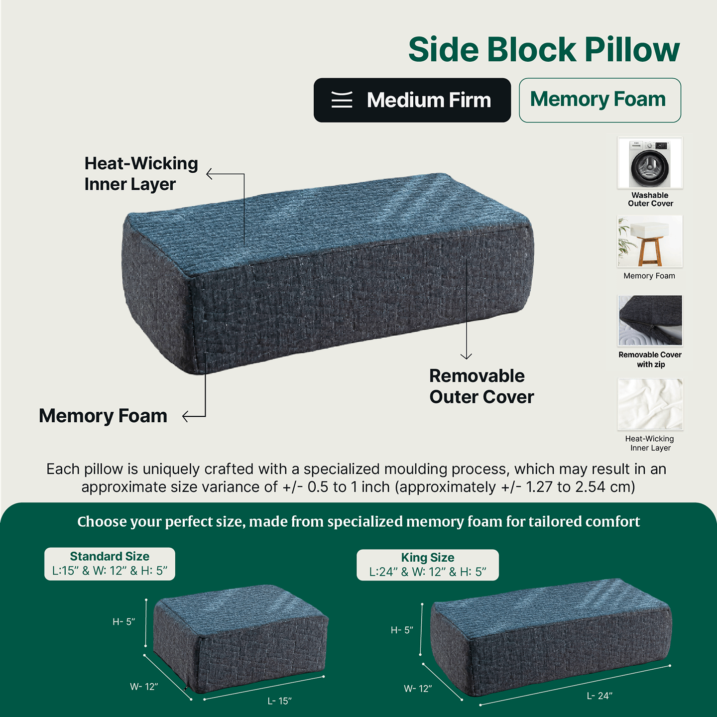 Side Sleeper Pro Pillow with memory foam and removable cover.