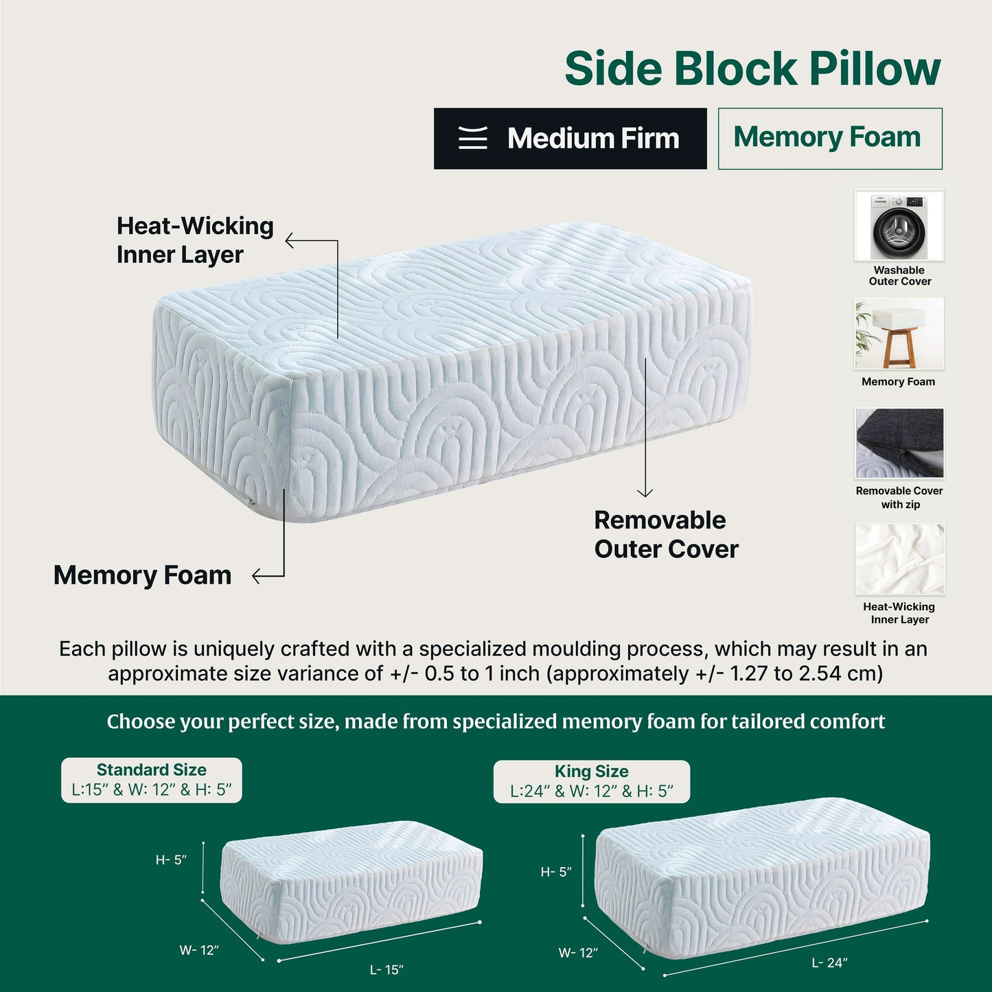 "Medium firm memory foam pillow for side sleepers with removable cover"