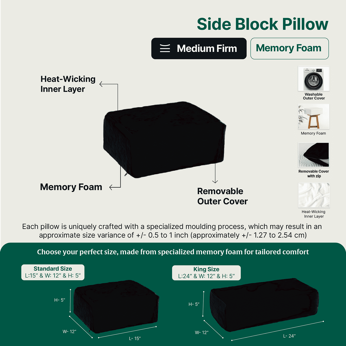 Medium firm memory foam side sleeper pillows with removable cover.