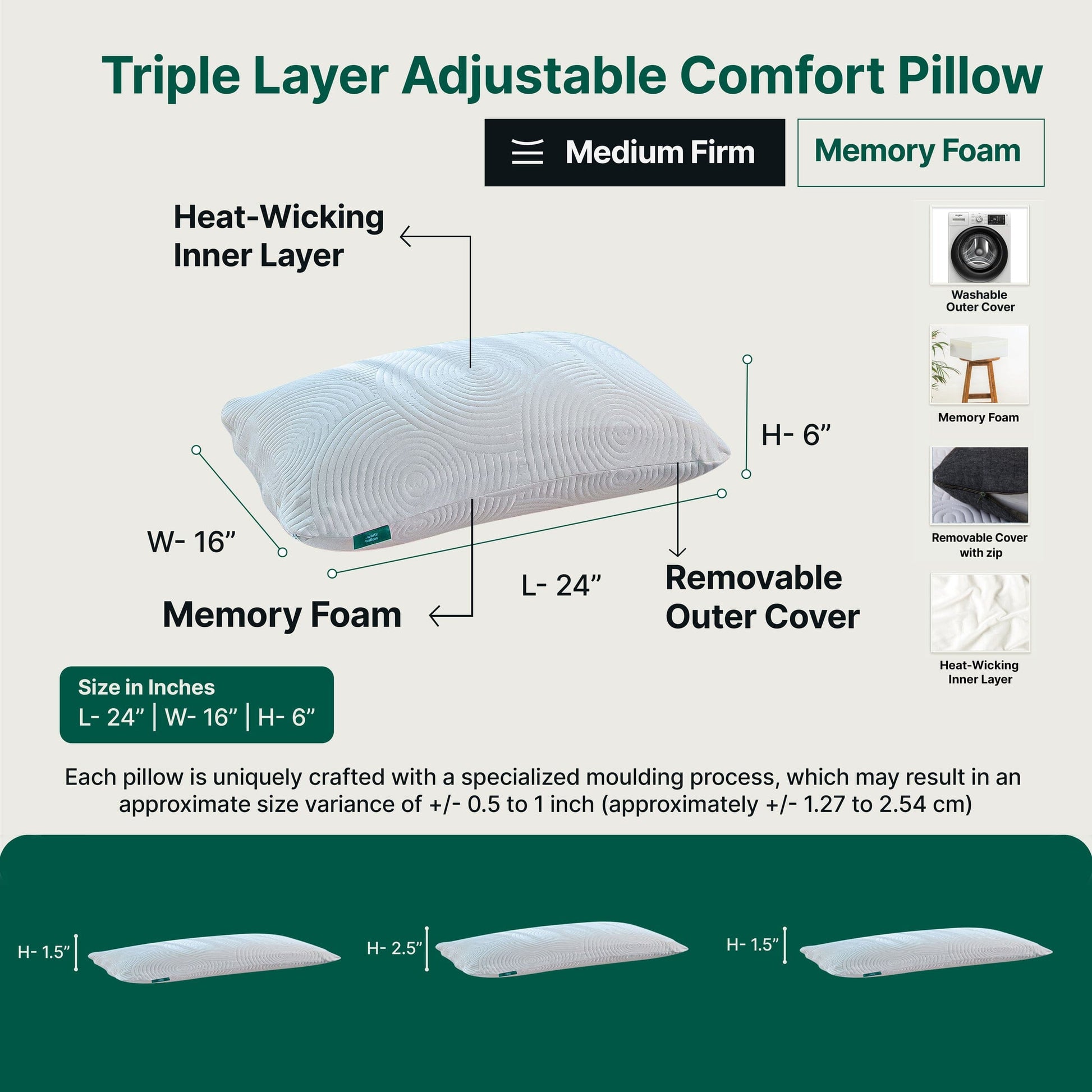 Elm - Memory Foam 3 layer adjustable Pillow - Medium Firm Regular Pillow The White Willow 