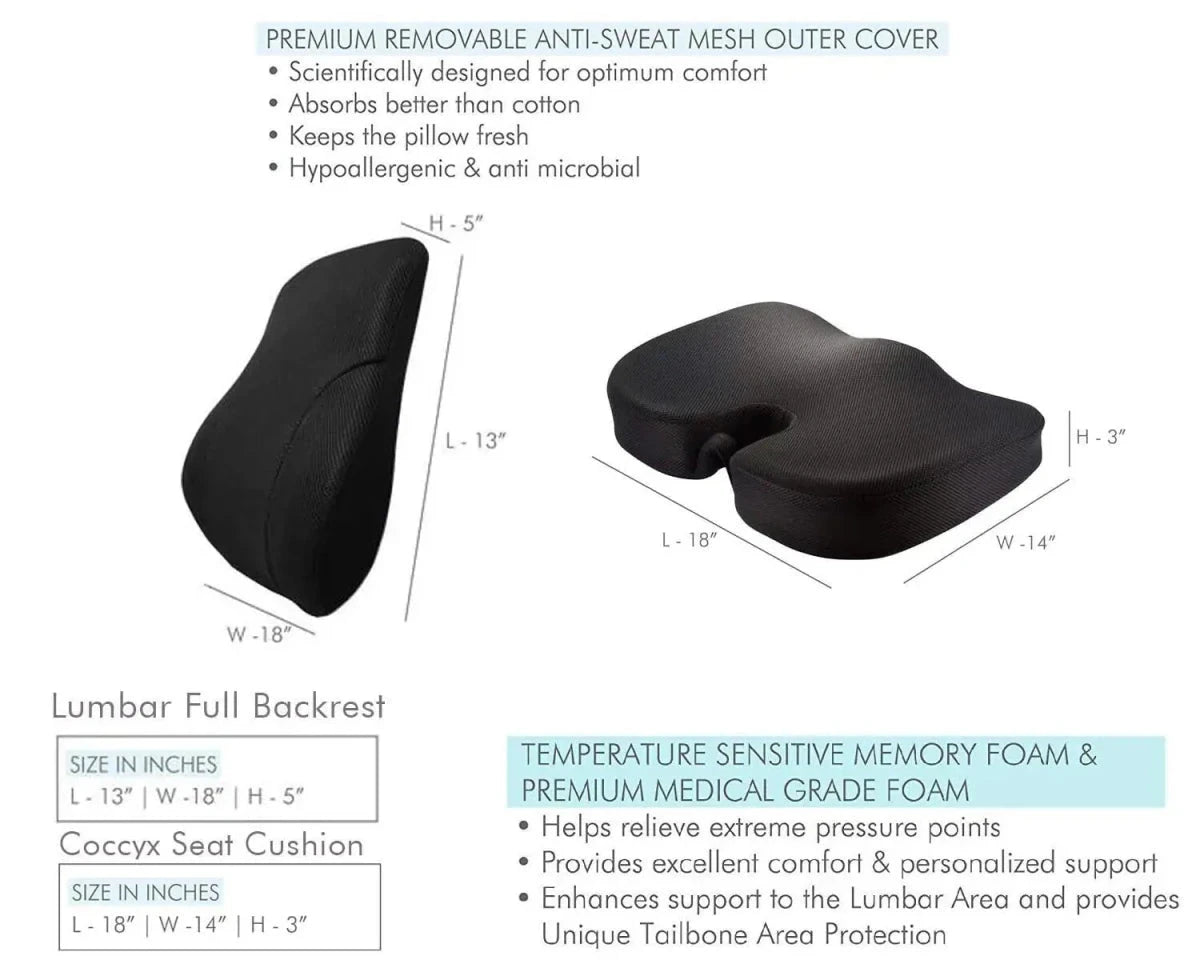 Maverick - Work From Home Combo - Memory Foam Lumbar Back Support & HR Foam Coccyx Tailbone Support Seat Cushion - Medium Firm Combo-Back-Seat The White Willow 