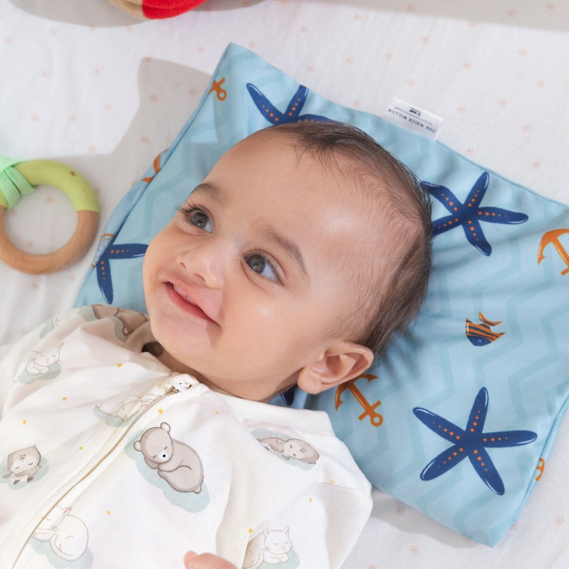 Paige- Mustard Seed Baby Head Shaping Pillow - Infant to 12 Months - Medium Firm The White Willow Blue 
