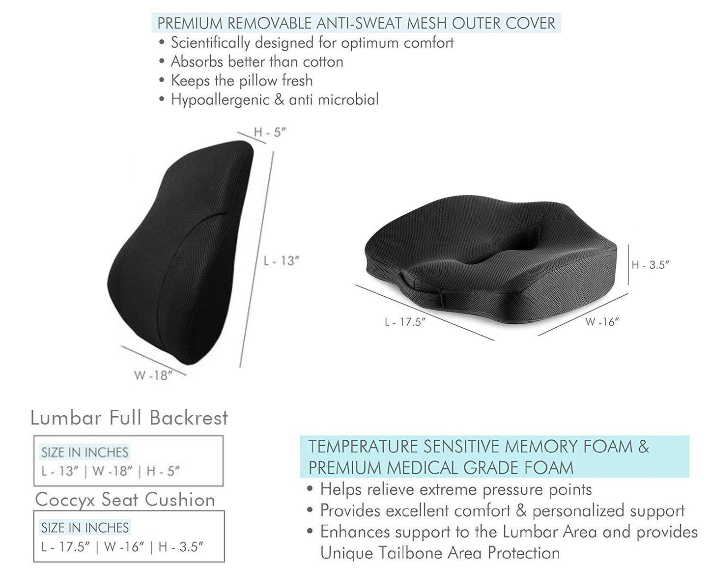 Pronto - Car Combo - Cushions, Lumber Backrest Pillow & Coccyx Seat Cushion - Medium Firm - Combo - Back - Seat - The White Willow