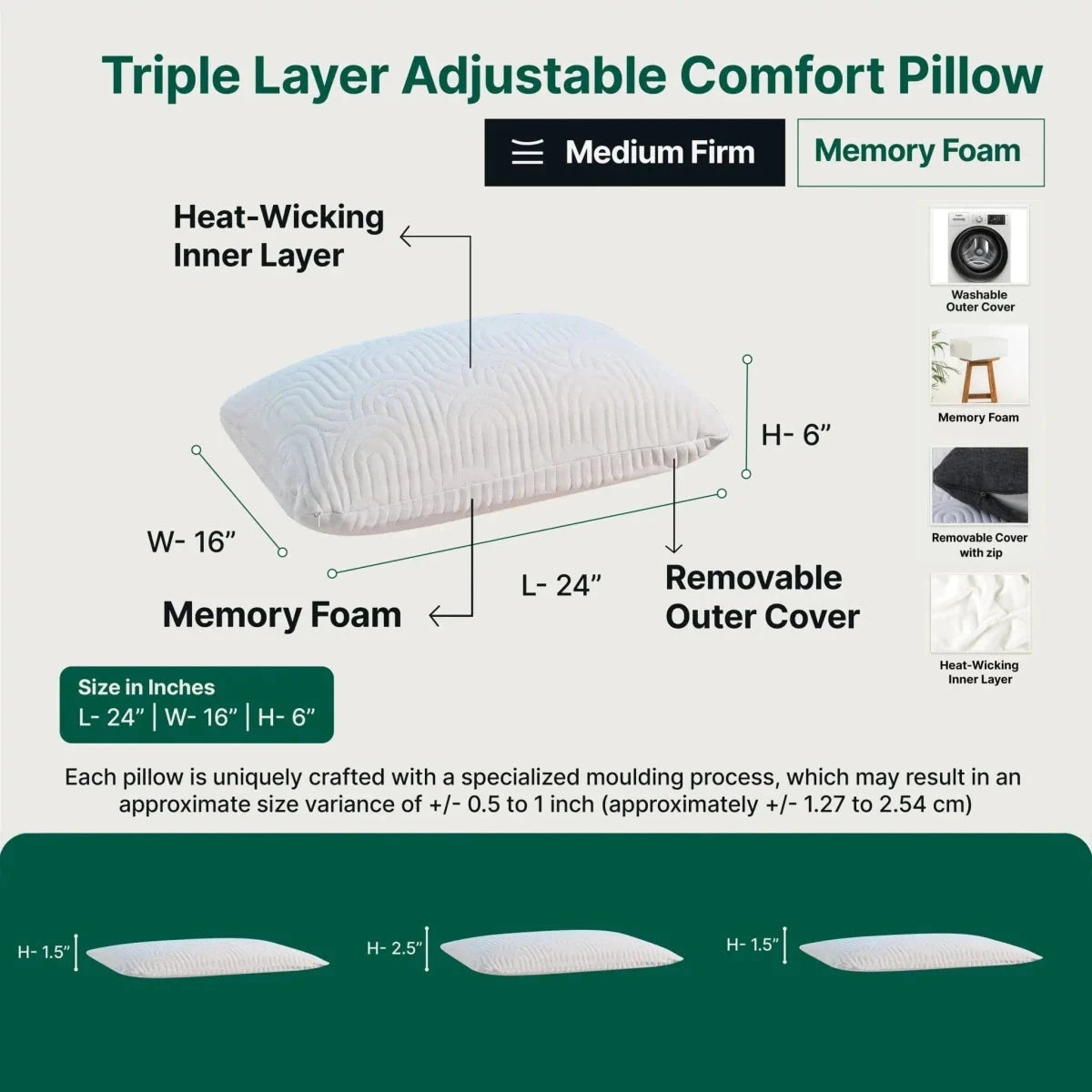 Triple Layer Adjustable Comfort Pillow Regular Pillow The White Willow 