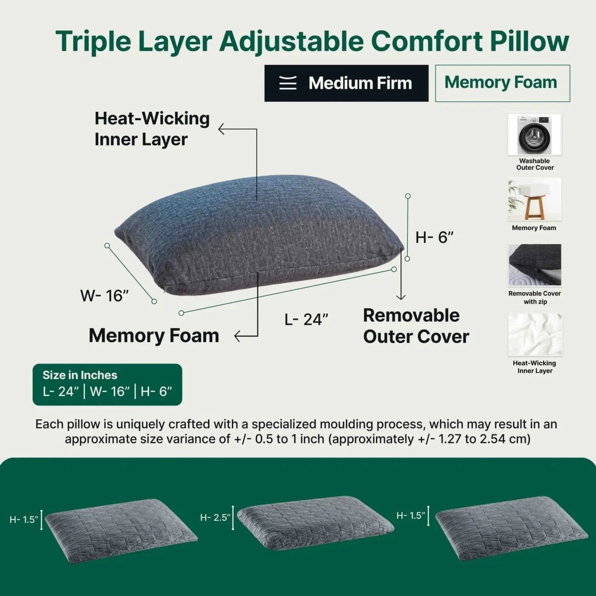 Triple Layer Adjustable Comfort Pillow Regular Pillow The White Willow 