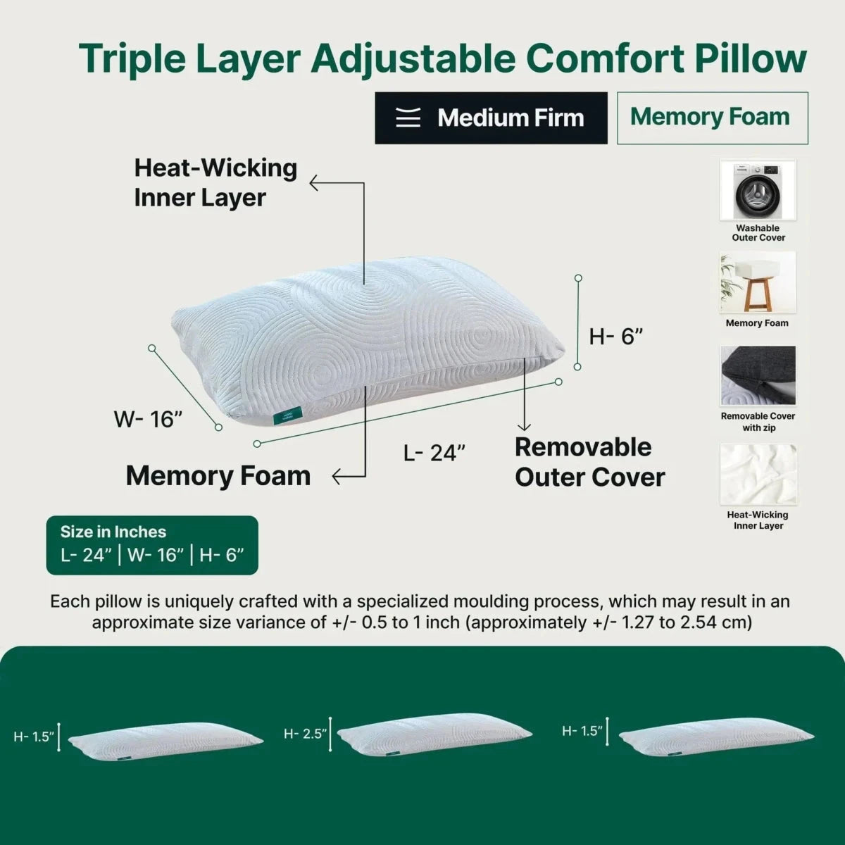 Triple Layer Adjustable Comfort Pillow Regular Pillow The White Willow 