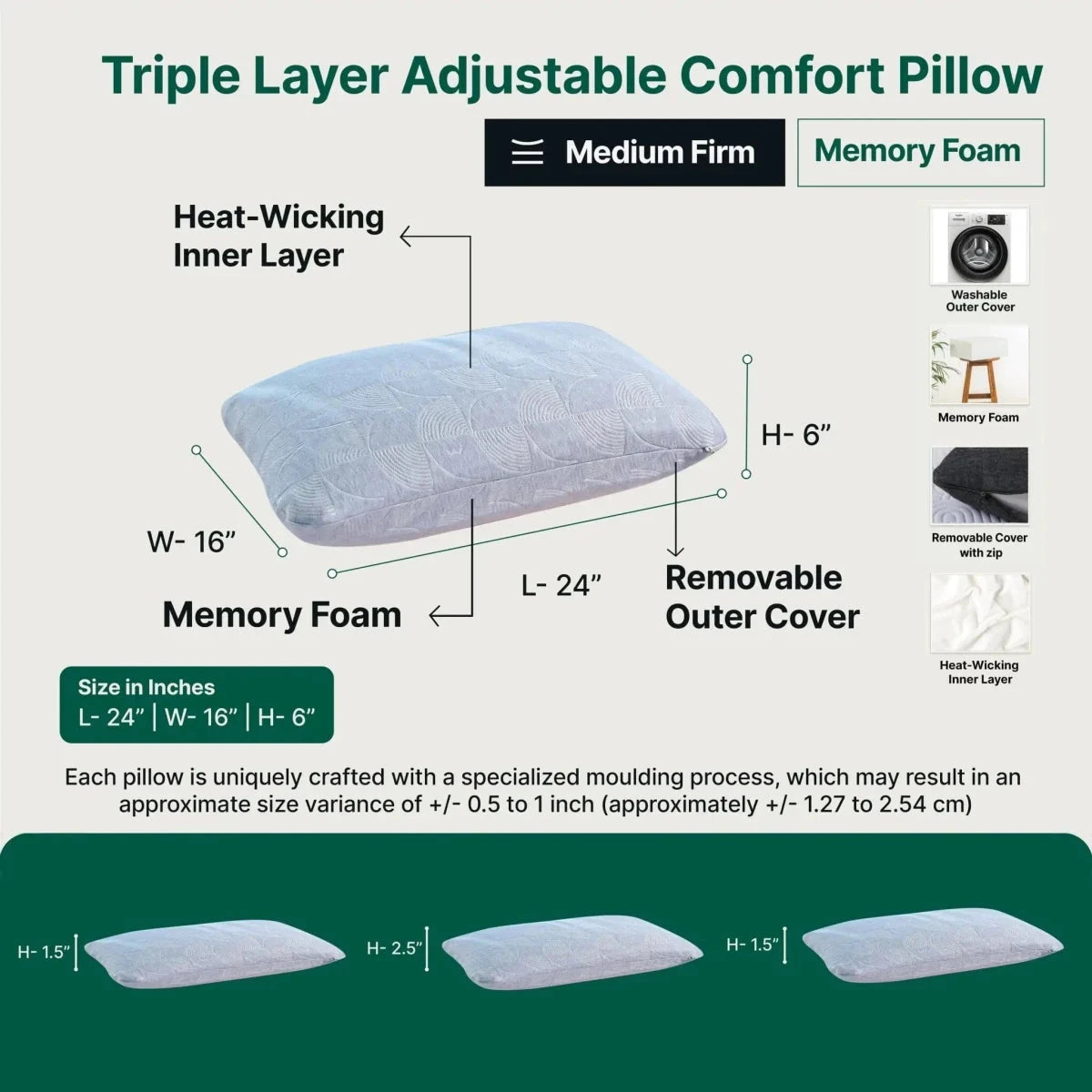 Triple Layer Adjustable Comfort Pillow Regular Pillow The White Willow 