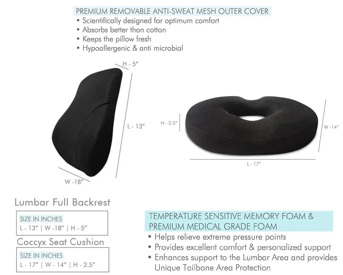 Wingman - Work From Home Combo - Memory Foam Lumbar Backrest Pillow & HR Foam Donut Shaped Seat Cushion - Medium Firm Combo-Back-Seat The White Willow 