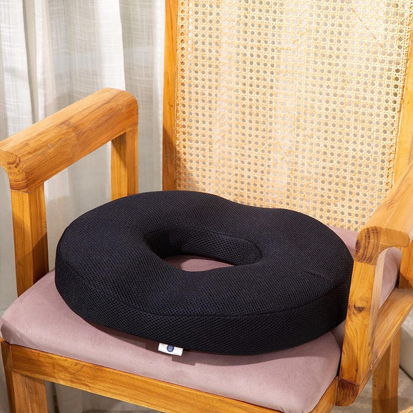 Sky - Donut Shaped Seat Cushion - Tailbone and Lumbar Support - Firm Support The White Willow Black Memory Foam 
